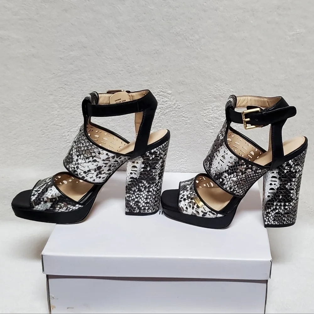 CALVIN Klein Vallin Black White Snakeskin Laser Strap Platform Block Heel Sandal